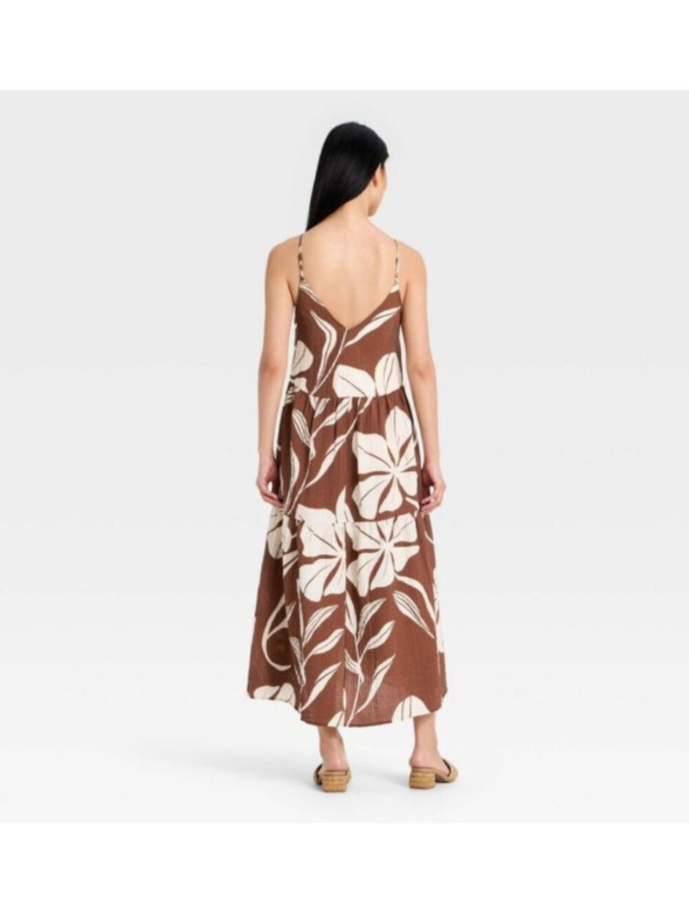 A New Day Tiered Maxi Dress - Brown/White Floral M - Picture 8 of 10